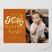 オレンジ色の葉のリース写真ハッピー感謝祭 箔シーズンポストカード (正面)