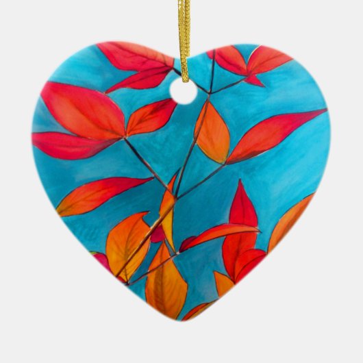 オレンジ色の葉 秋のオリジナル水彩画 セラミックオーナメント (正面)