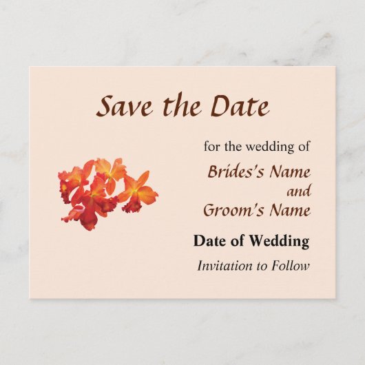 オレンジ色の蘭のSave the Date 案内ポストカード (正面)