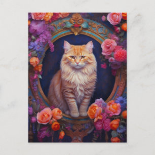 オレンジ色の虎猫と美しいジュエリーと花 ポストカード
