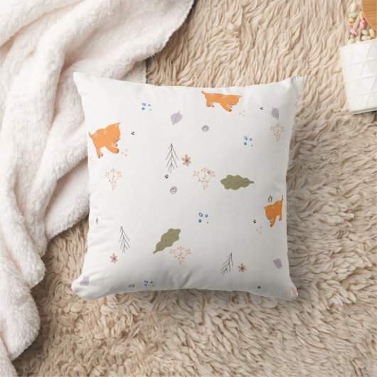 オレンジ色の虎猫と葉のパターン クッション (ブランケット)