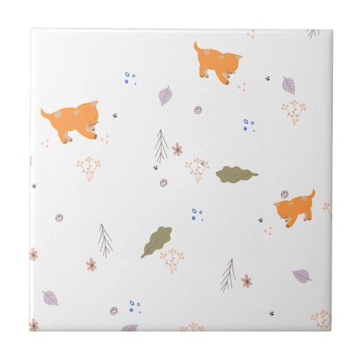 オレンジ色の虎猫と葉のパターン タイル (正面)