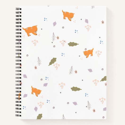 オレンジ色の虎猫と葉のパターン ノートブック (正面)