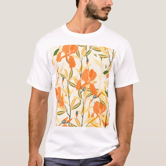 オレンジ色の虹彩:シームレスな花模様 Tシャツ (正面)