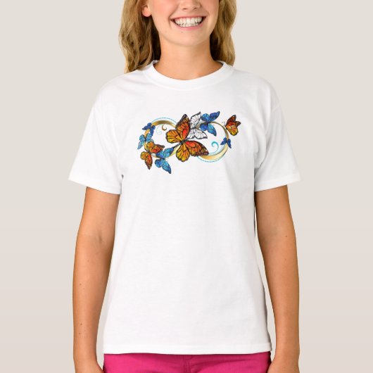 オレンジ色の蝶々モナークの無限 Tシャツ (正面)