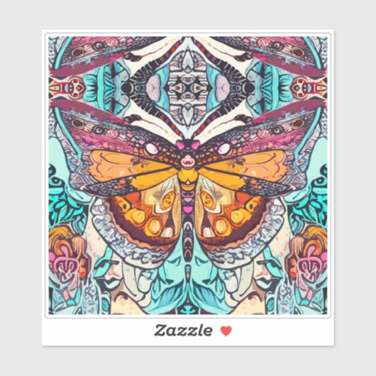 オレンジ色の蝶とメダリオンろうけつ染めパターン シール (シート)