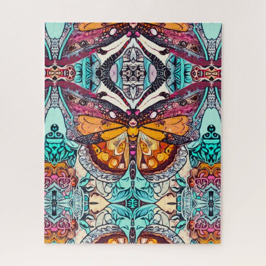 オレンジ色の蝶とメダリオンろうけつ染めパターン ジグソーパズル (縦)