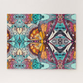 オレンジ色の蝶とメダリオンろうけつ染めパターン ジグソーパズル (横)