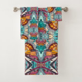 オレンジ色の蝶とメダリオンろうけつ染めパターン バスタオルセット (インサイチュ)