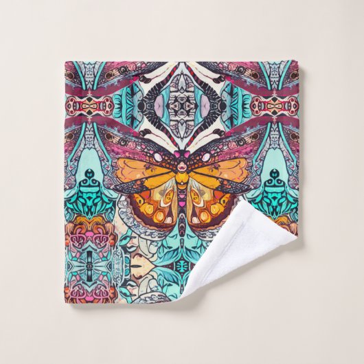 オレンジ色の蝶とメダリオンろうけつ染めパターン バスタオルセット (ウォッシュタオル)