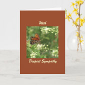 オレンジ色の蝶と最も深い悔やみや弔慰 カード (黄色い花)