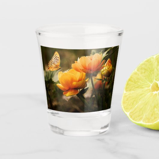 オレンジ色の蝶と花 ショットグラス (正面)