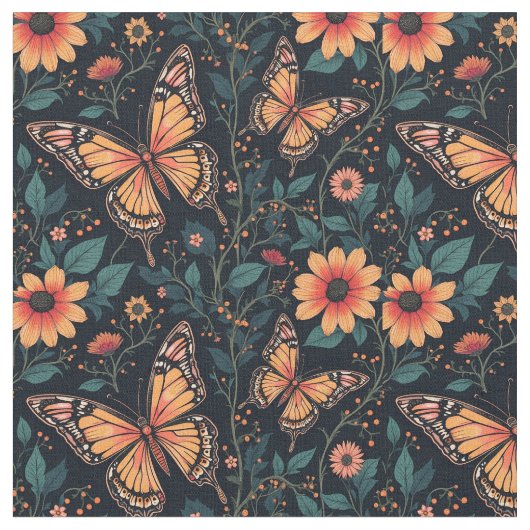 オレンジ色の蝶と花 ファブリック (クローズアップ)