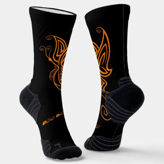 オレンジ色の蝶プリント追加文字メンズウィメンズクルー ソックス (傾斜あり)
