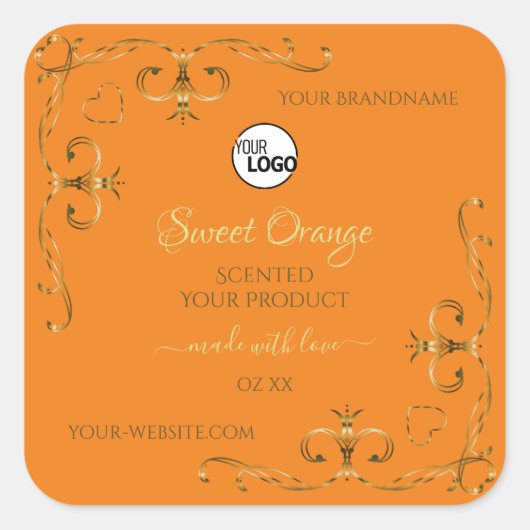 オレンジ色の製品ラベルの金ゴールド華美コーナーとロゴ スクエアシール (正面)