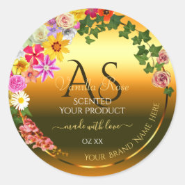 オレンジ色の製品ラベルカラフル花とイニシャル ラウンドシール