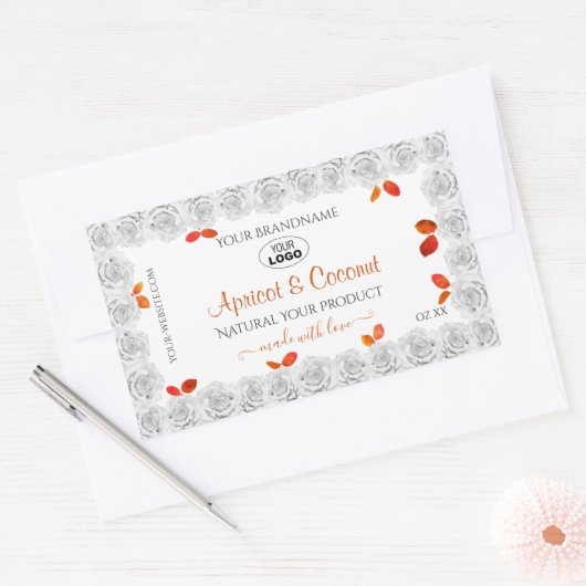 オレンジ色の製品ラベ葉ルのロゴ付き白バラ 長方形シール (封筒)