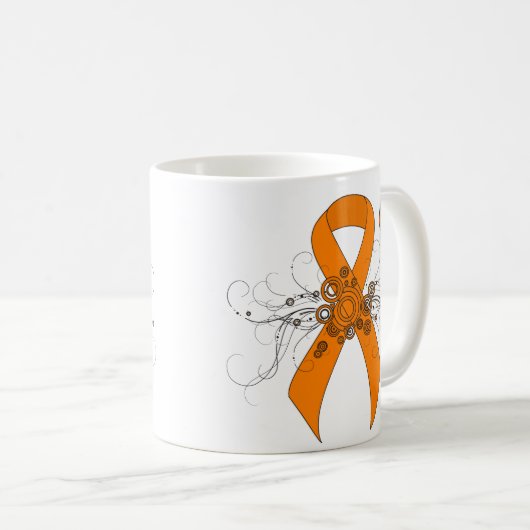 オレンジ色の認識度リボンと蝶 コーヒーマグカップ (正面右)