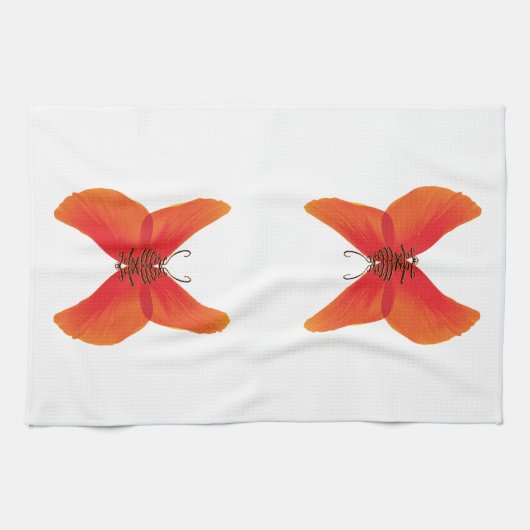 オレンジ色の赤いケシの蝶あなたの名前 キッチンタオル (横)