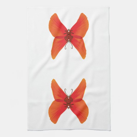 オレンジ色の赤いケシの蝶あなたの名前 キッチンタオル (縦)