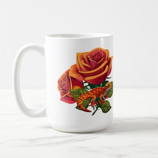 オレンジ色の赤いバラとカメレオン コーヒーマグカップ (左)