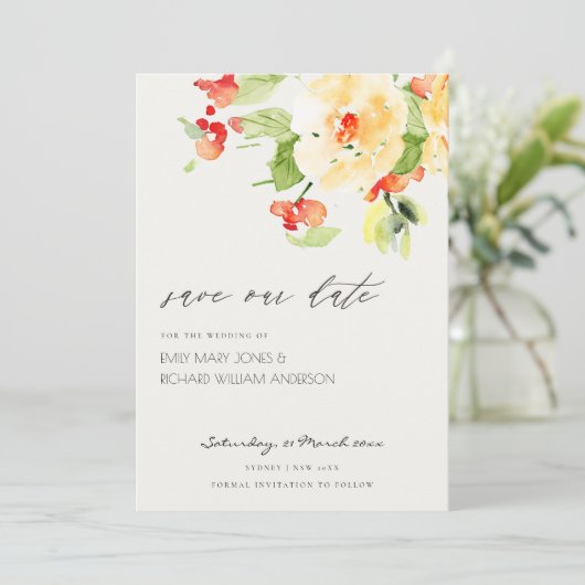 オレンジ色の赤いバラの水の色のフローラ日付を保存 セーブザデート (スタンド正面)