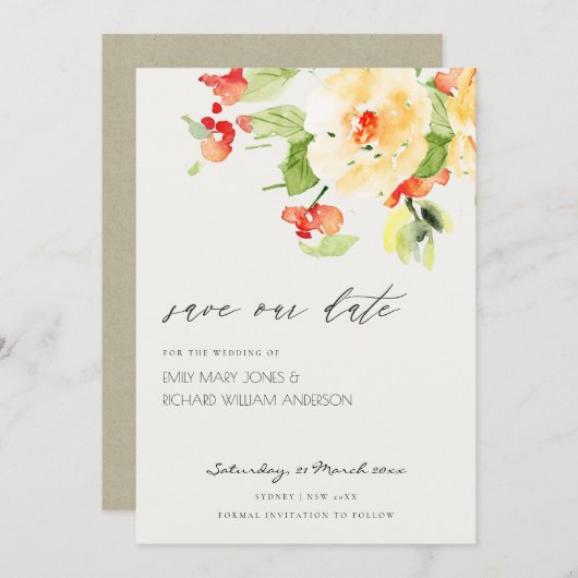 オレンジ色の赤いバラの水の色のフローラ日付を保存 セーブザデート (正面/裏面)