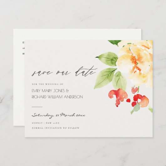 オレンジ色の赤いバラの水の色のフローラ日付を保存 案内ポストカード (正面/裏面)