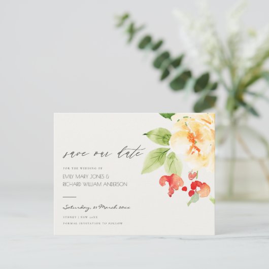 オレンジ色の赤いバラの水の色のフローラ日付を保存 案内ポストカード (スタンド正面)