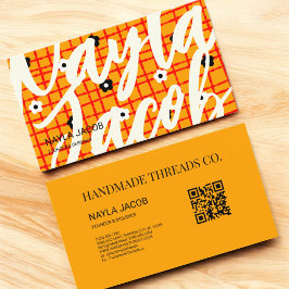 オレンジ色の赤いフローラチェックパターンQRコードハンドメイド 名刺