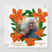 オレンジ色の赤いフローラ金ゴールドフレームフォトクリスマス シーズンカード (正面)