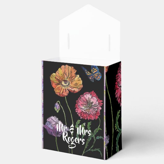 オレンジ色の赤いポピーがブラックフローラ結婚のケーキボックスに フェイバーボックス (オープン)