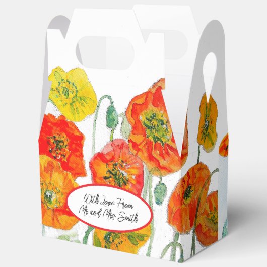 オレンジ色の赤いポピーの花のパターンの水の色結婚の フェイバーボックス (見開き)