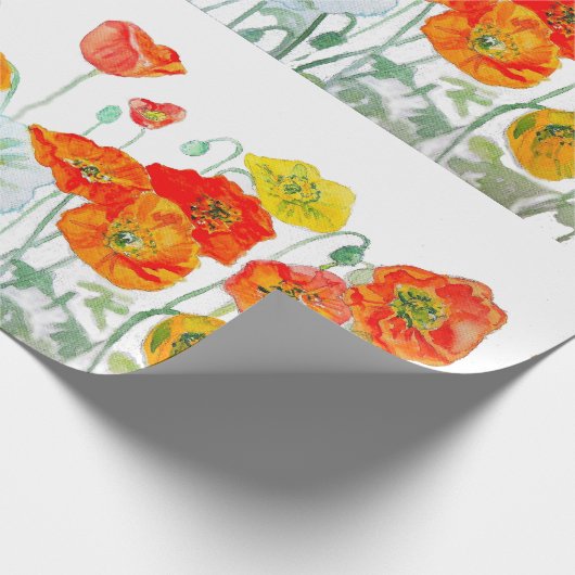 オレンジ色の赤いポピーの花のパターンの水の色結婚の ラッピングペーパー (角)