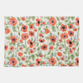 オレンジ色の赤いポピーの花の水色パターン キッチンタオル