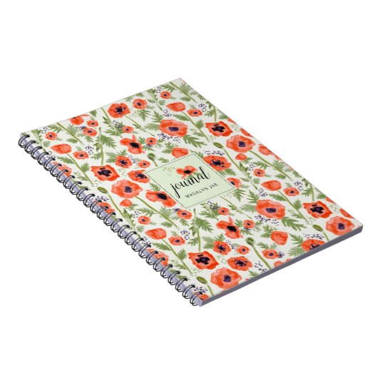 オレンジ色の赤いポピーの花の水色パターン ノートブック (右側)