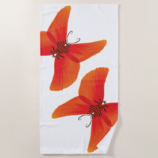 オレンジ色の赤いポピー蝶あなたの名前 ビーチタオル (正面)