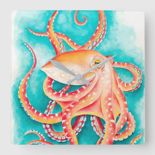 オレンジ色の赤い触手タコ水色 スクエア壁時計 (正面)