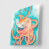 オレンジ色の赤い触手タコ水色 スクエア壁時計 (傾斜)