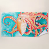 オレンジ色の赤い触手タコ水色 ビーチタオル (正面)