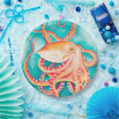 オレンジ色の赤い触手タコ水色 ペーパープレート (パーティー)