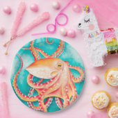 オレンジ色の赤い触手タコ水色 ペーパープレート (パーティー)