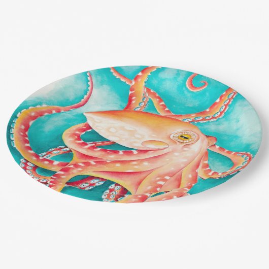 オレンジ色の赤い触手タコ水色 ペーパープレート (アングル)