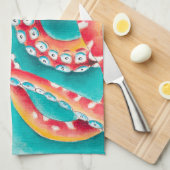 オレンジ色の赤い触手 キッチンタオル (四つ折り)