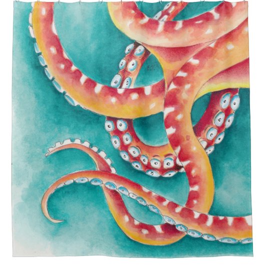 オレンジ色の赤い触手 シャワーカーテン (正面)