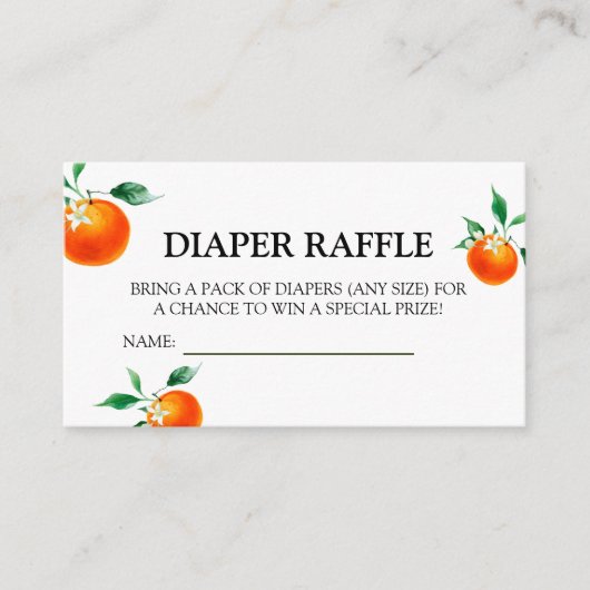オレンジ色の赤ちゃんシャワー、赤ちゃんシャワーおむつラッフル エンクロージャーカード (正面)