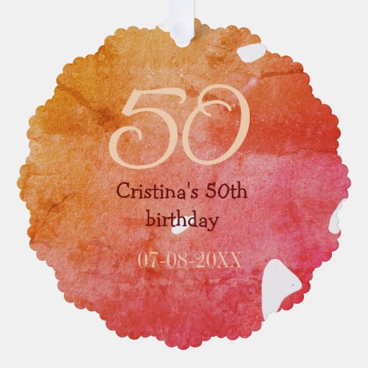 オレンジ色の赤50誕生日アニバーサリー追加の日付p オーナメントカード (正面)