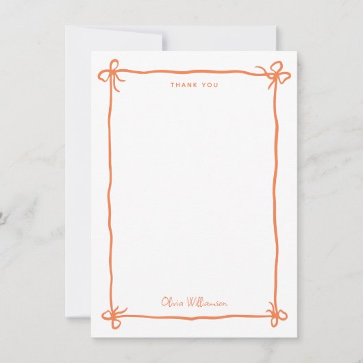 オレンジ色の遊び心のあるリボン飾り枠 サンキューカード (正面)
