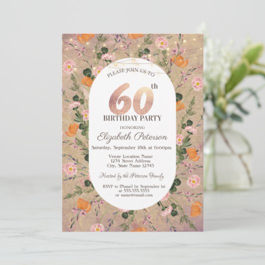 オレンジ色の野の花のストリングライト 60歳の誕生日 招待状 (スタンド正面)