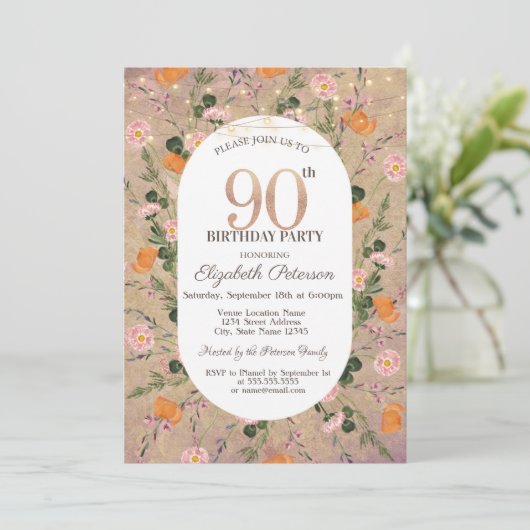オレンジ色の野の花のストリングライト 90歳の誕生日 招待状 (スタンド正面)